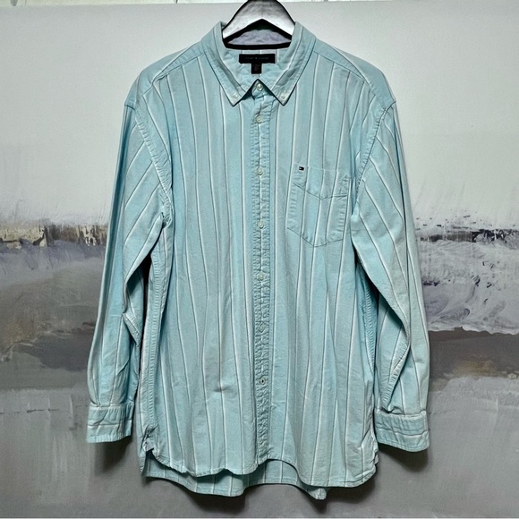 TOMMY HILFIGER Long Sleeve Oxford Stripe Shirt Men's XL Aqua Button-Down COASTAL - Picture 1 of 14